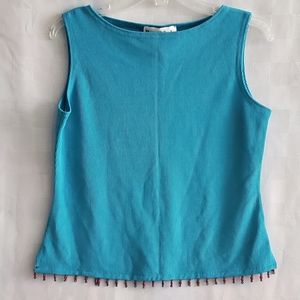 Women's Boho Cropped Top Tank Top Beaded Trim Teal Blue Boxy Ribbed Western